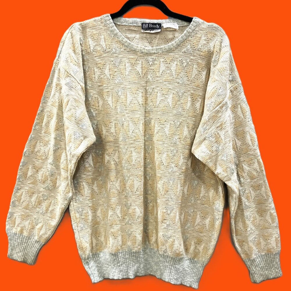 Vintage 90s Bill Brady Textured Knit Sweater – Classic Neutral Geometric Pullove